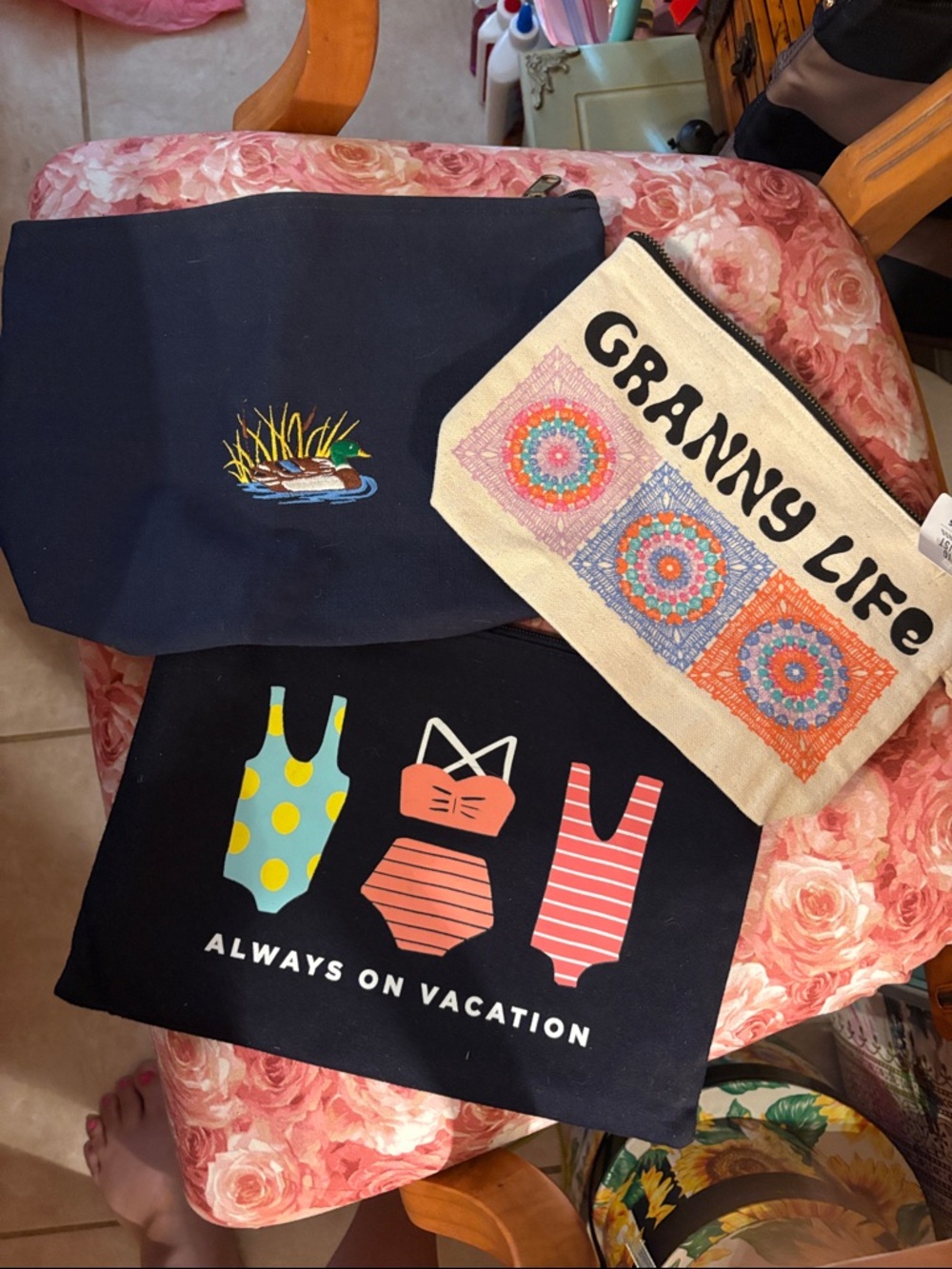 Set of 3 Graphic Canvas Pouches - Navy & Natural with Colorful Prints